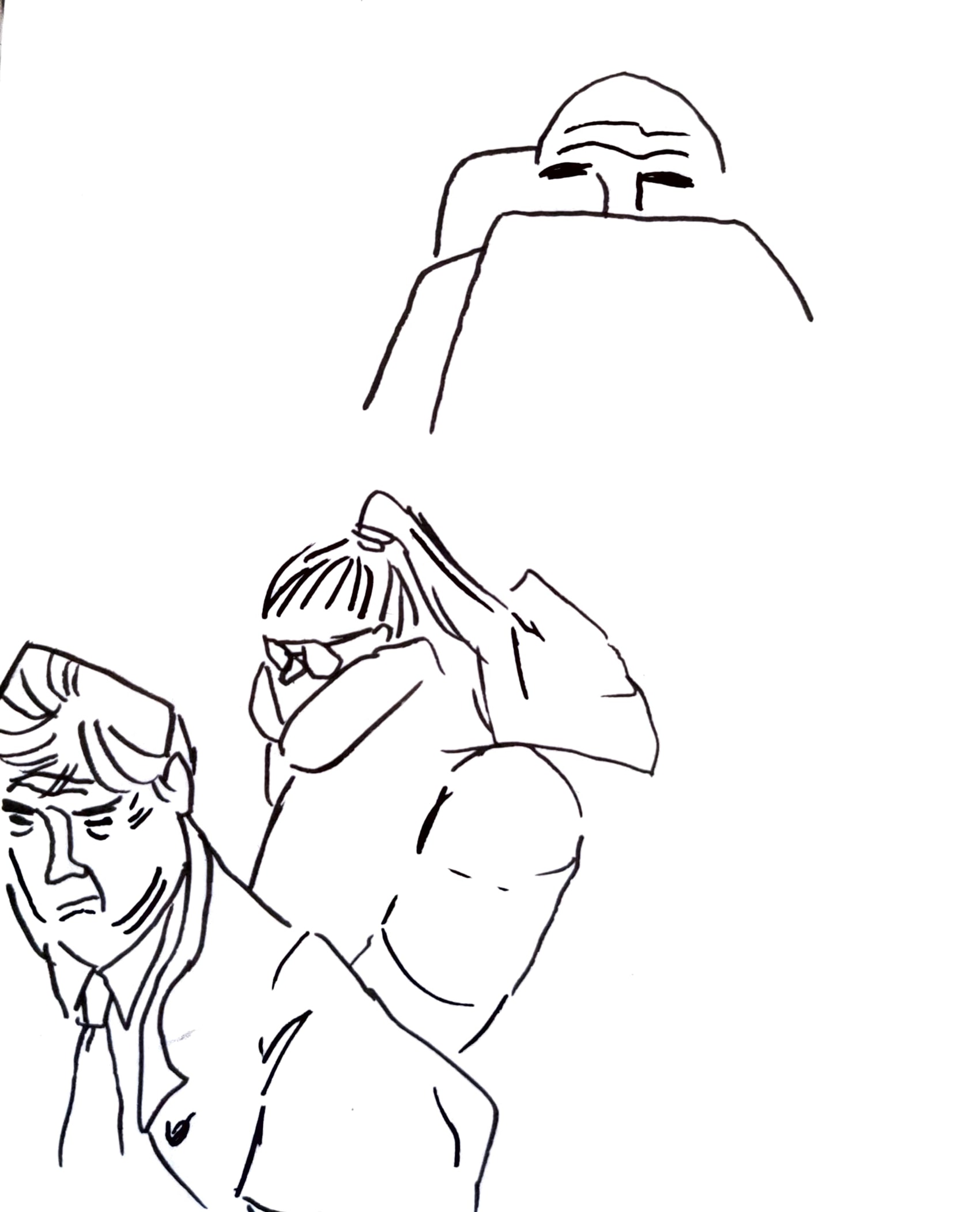 Observational pen drawing of three people. The first, at the top, is only showing a bald head and eyebrows behind a seat. The next, in the middle is wearing a puffer jacket, glasses and has a long ponytail. The last person, on the bottom left, is an older and angry-looking man looking down. He is wearing a tie and coat.